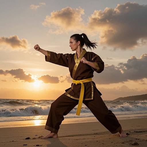 Photograph of a fit woman with black hair in a ponytail, wearing a brown martial arts gi with yellow trim and belt, performing a stance on