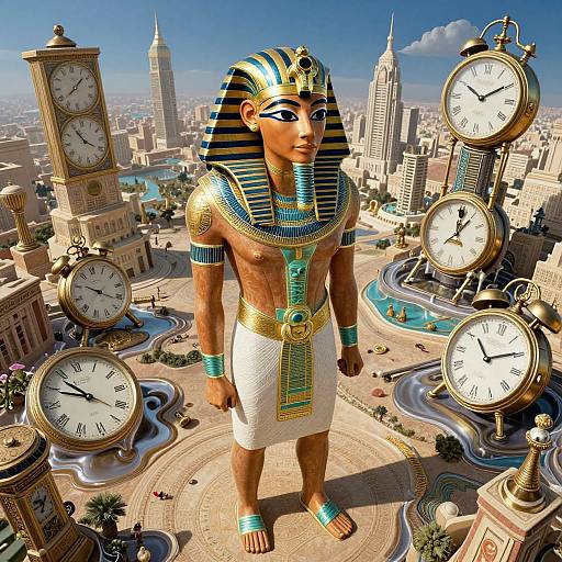Digital art: An Egyptian pharaoh with dark skin, blue-striped headdress, and golden jewelry stands amidst giant clocks in a futuristic cityscape.