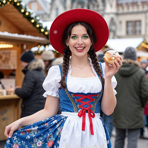 Photograph of a smiling woman with fair skin, green eyes, and braided brown hair, wearing a red hat and blue dirndl dress, holding