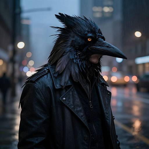 Photograph of a person in a black crow mask and leather jacket, standing on a rainy city street at dusk.