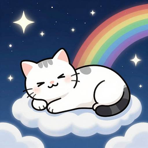 Whimsical digital drawing of a cute, white cat with black spots sleeping on a cloud, under a vibrant rainbow and starry night sky.
