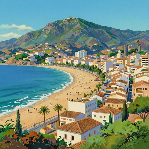 Vibrant digital painting of a coastal town with a blue ocean, sandy beach, white buildings, palm trees, and green mountains.