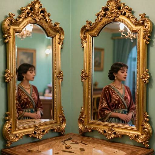 Photograph of a woman with dark hair in a red, gold-trimmed robe, reflected in two ornate, gold-framed mirrors on a