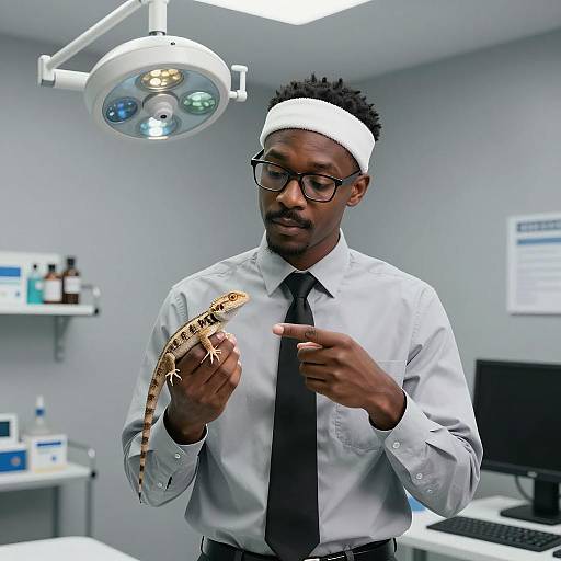 Man in Gray Room with Lizard