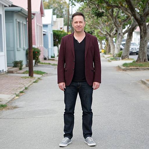 Photograph of a middle-aged man with short brown hair, wearing a maroon blazer, black V-neck shirt, dark jeans, and white sneakers