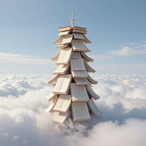 Photorealistic digital art of a towering, white paper tower with stacked, open books, rising above fluffy clouds against a bright blue sky.