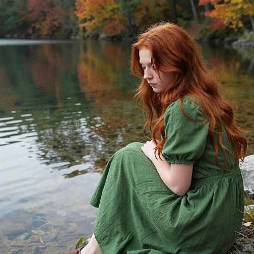 Photograph of a red-haired woman in a green dress, sitting by a calm lake with autumn-colored trees in the background.