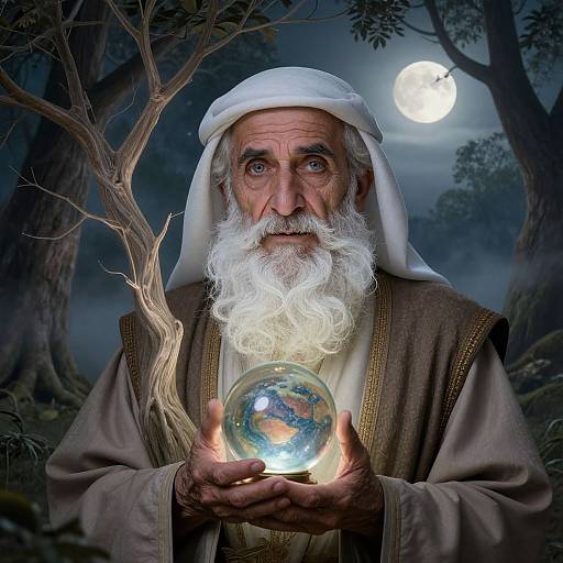 Photograph of an elderly, white-bearded man with a white headscarf, holding a glowing, earth-toned crystal orb under a full moon