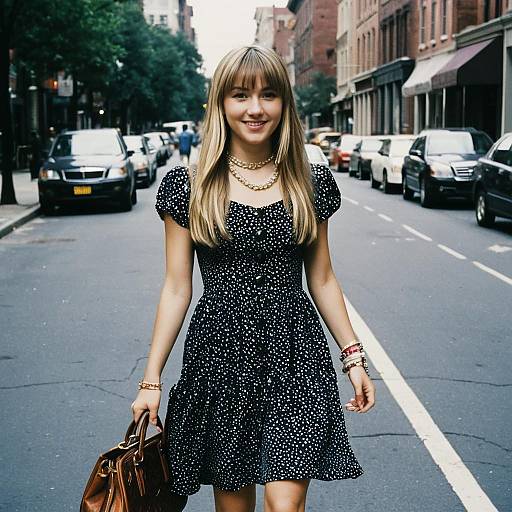 Blonde woman in black speckled dress, holding brown handbag, walking on urban street with parked cars, trees, and buildings. Photograph.