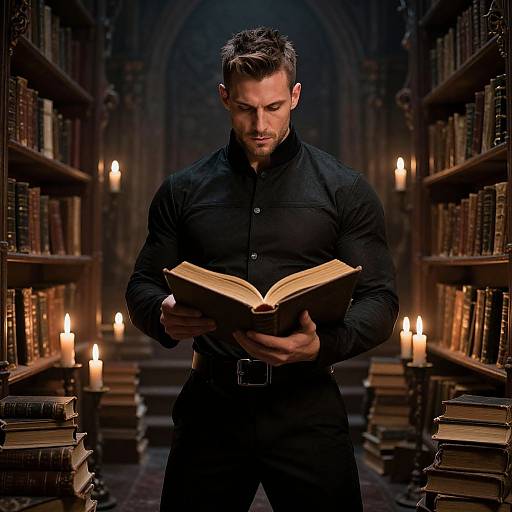 Muscular Man in Gothic Library