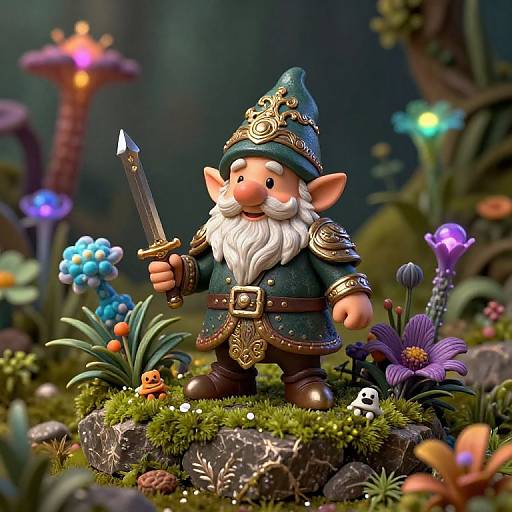 CGI fantasy scene: small, bearded gnome with green hat and armor, holding sword, standing on mossy rock amid colorful flowers and glowing mushrooms