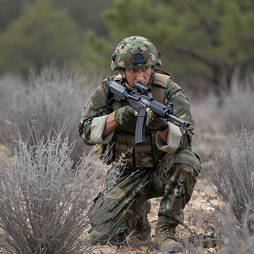 Crouching Soldier in Camouflage Composition