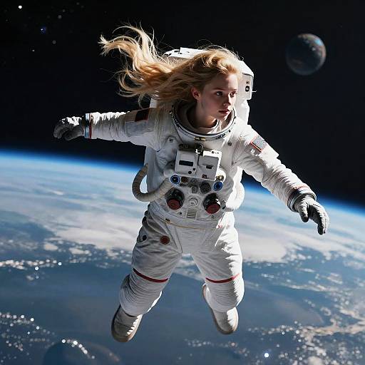 Photograph of a blonde woman in a white astronaut suit floating in space, Earth below, with a planet in the background.