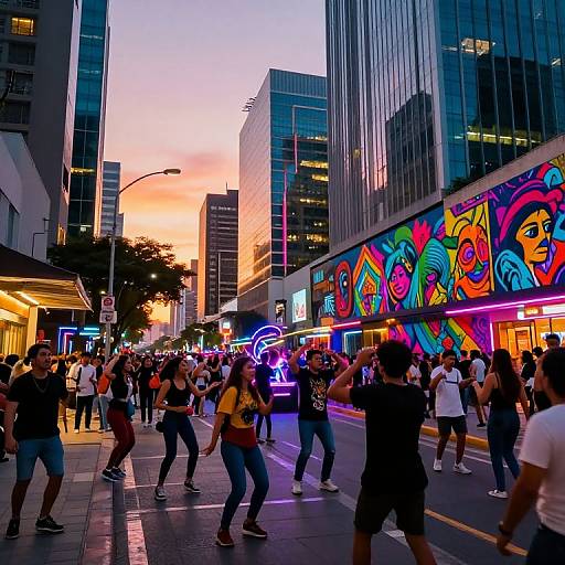 Photograph of a vibrant street dance party at dusk in an urban city, featuring colorful neon lights, diverse crowd, and modern buildings.