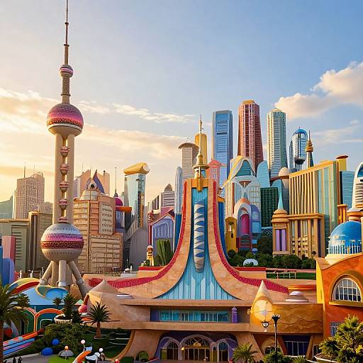 Colorful, futuristic cityscape photograph featuring Shanghai's skyline with distinctive pink and white spheres, vibrant buildings, and a large, curved, multicolored