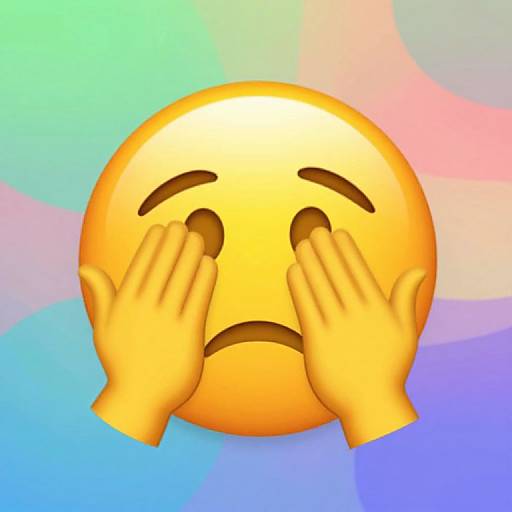 Digital emoji of a yellow, sad face with hands covering eyes, set against a gradient background of pastel blue, green, pink, and purple.
