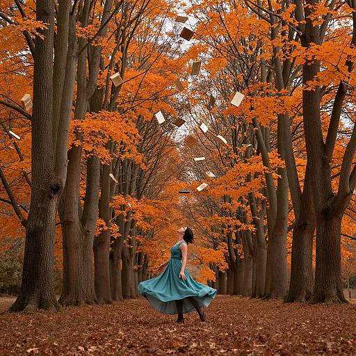 Photograph of a woman in a flowing teal dress, twirling in a forest of tall trees with vibrant orange autumn leaves. Brown fallen leaves cover the