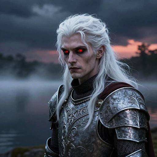 Photorealistic digital artwork of a pale, white-haired man with glowing red eyes, wearing ornate silver armor, standing by a misty lake at
