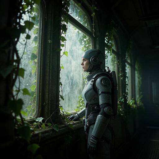 Photorealistic digital art of a female robot with armored body, helmet, and backpack, gazing out a rain-streaked, vine-covered window