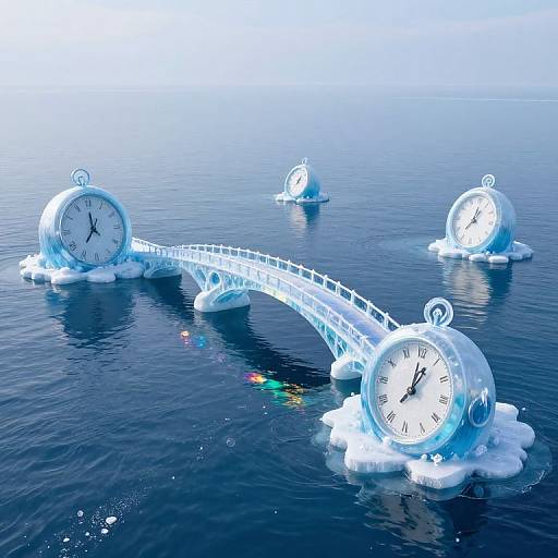 Photograph of three large, glowing, ice-blue clock faces floating on a calm ocean, connected by an icy, translucent bridge.