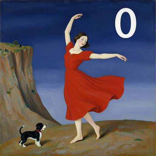 Surrealist painting: Fair-skinned woman in flowing red dress dances on cliff, black-and-white dog below, large white 