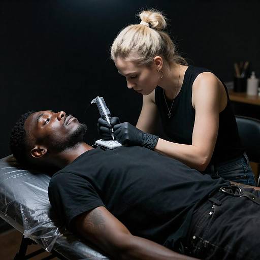 Dimly Lit Tattoo Session, Focused Artist