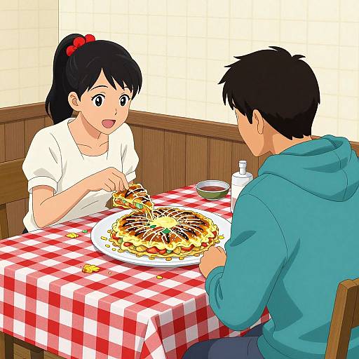 Anime-style digital drawing of a black-haired girl in a white shirt and a black-haired boy in a blue hoodie, eating spaghetti at a red checkered