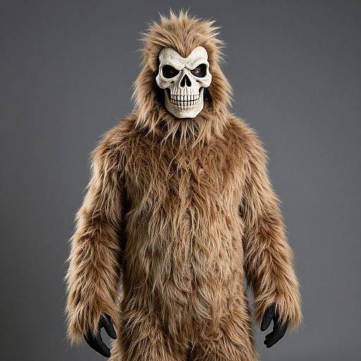 Photograph of a person in a brown, shaggy monster costume with a white skull mask and black gloves, standing against a dark gray background.
