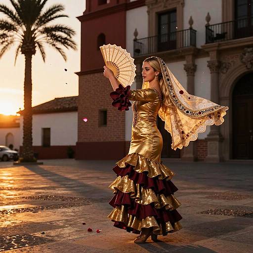 Photograph of a woman in a golden, ruffled flamenco dress and lace veil, holding a fan, dancing at sunset in a colonial town square