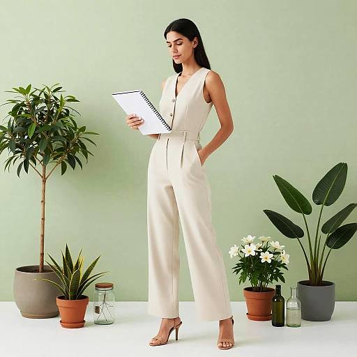 Elegant Young Woman with Sketchbook and Plants