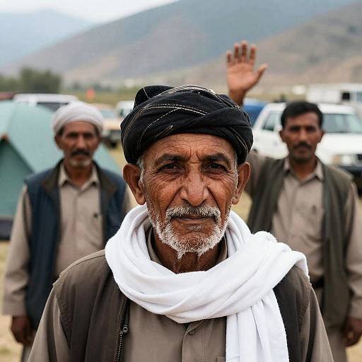 Elderly Man with Headscarf at Campsite