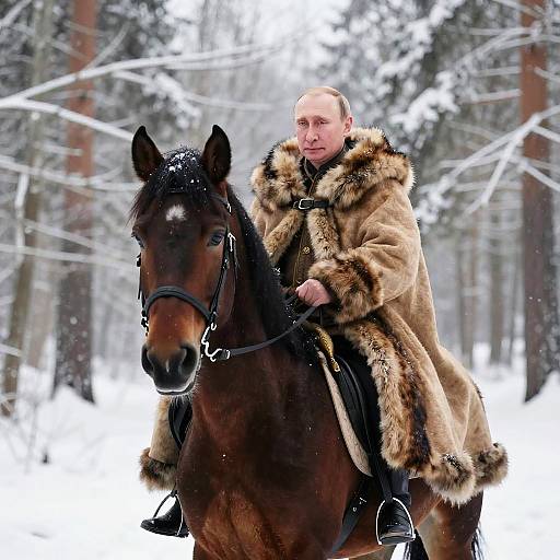 Photograph of a bald man in a tan fur coat riding a dark brown horse through a snowy, forested landscape.
