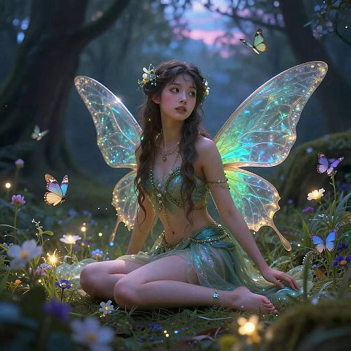 Digital fantasy artwork of a fair, young fairy with glowing, iridescent wings, sitting in a magical forest, surrounded by glowing fireflies and flowers