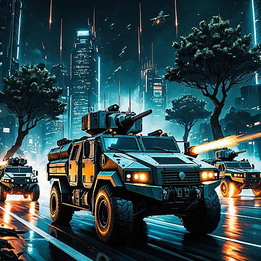 Futuristic Armored Trucks Firing on Cyberpunk City at Night