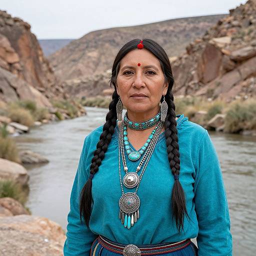 Photograph of a Native American woman with long black braids, turquoise dress, and intricate silver jewelry, standing in a rocky river canyon landscape.