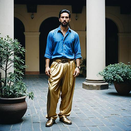 Photograph of a bearded man with dark skin and short hair, wearing a blue shirt, gold pants, brown belt, and brown shoes, standing