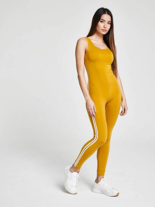 Woman in Mustard Yellow Athletic Unitard
