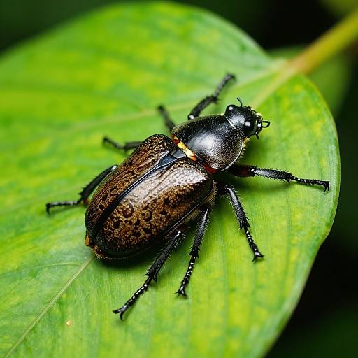 Close-up photograph of a shiny black and brown beetle with intricate patterns, resting on a vibrant green leaf.