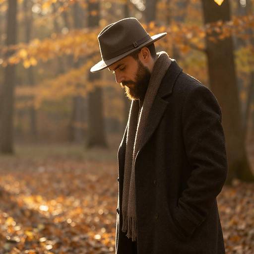 Bearded Man in Sunlit Autumn Forest