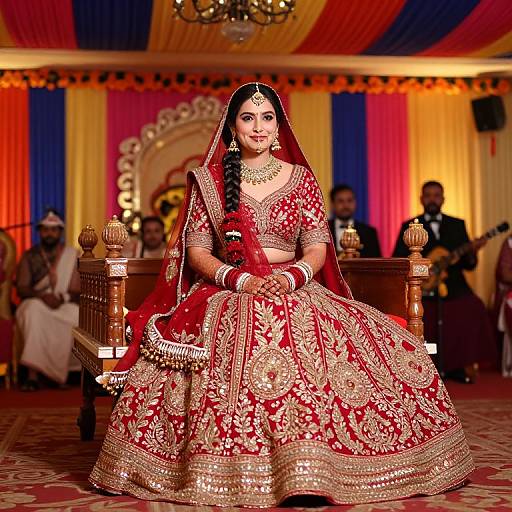 Indian bride in ornate red and gold traditional lehenga, seated on wooden throne, adorned with jewelry, in brightly colored, draped backdrop. Photographic