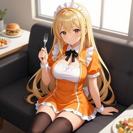 Digital anime-style illustration of a blonde maid with large breasts, orange dress, white apron, black bow, holding fork, sitting on black couch,