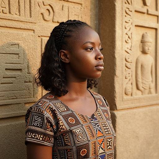 Photograph of a young Black woman with braided hair, wearing a patterned African dress, standing against a sunlit, textured, carved stone wall