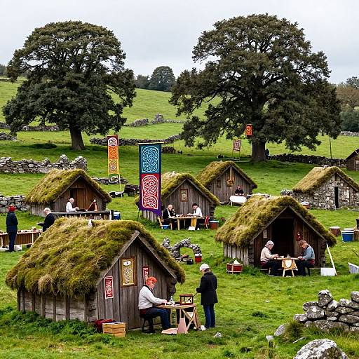 Photograph of a vibrant, rustic fair with thatched huts, colorful banners, and people socializing in a lush, green, countryside setting.