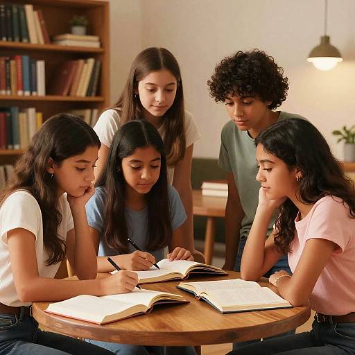 Photograph of five diverse young students, three girls and two boys, studying together at a round wooden table in a cozy library.