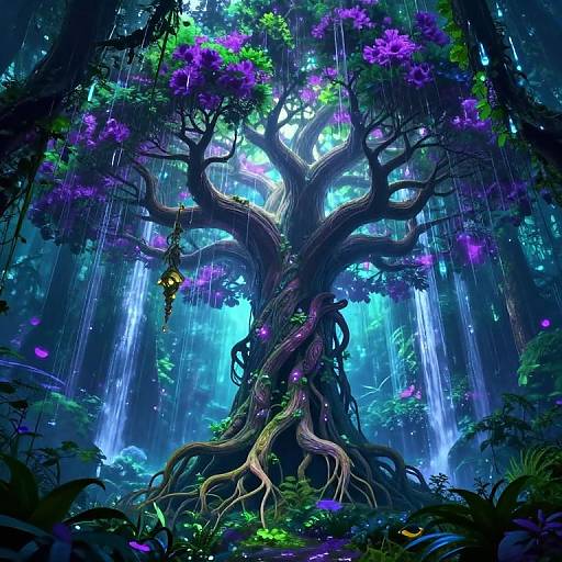 Fantastical digital artwork of a towering, twisted tree with vibrant purple flowers, surrounded by glowing blue waterfalls and lush greenery in a mystical forest