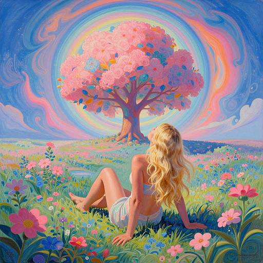 Digital painting of a blonde woman with long hair, seated in a vibrant field of flowers, gazing at a radiant pink tree surrounded by a colorful,