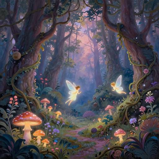 Magical forest scene with glowing fairy-like butterflies, vibrant mushrooms, colorful flowers, and enchanted trees in a dreamy, ethereal light. Digital art