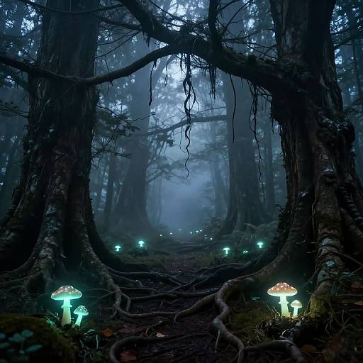 Ethereal Glowing Mushrooms in Forest