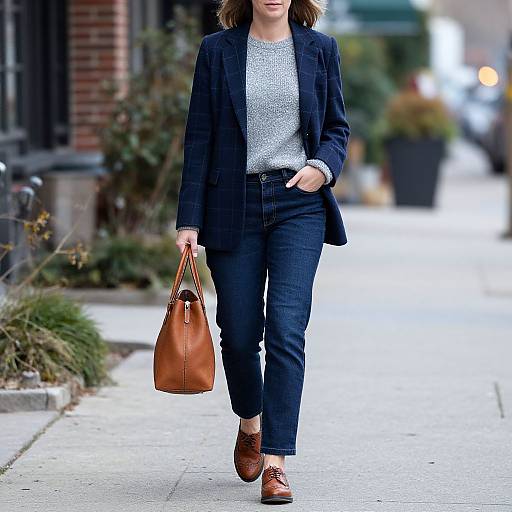 Confident Woman in Plaid Jacket Walking