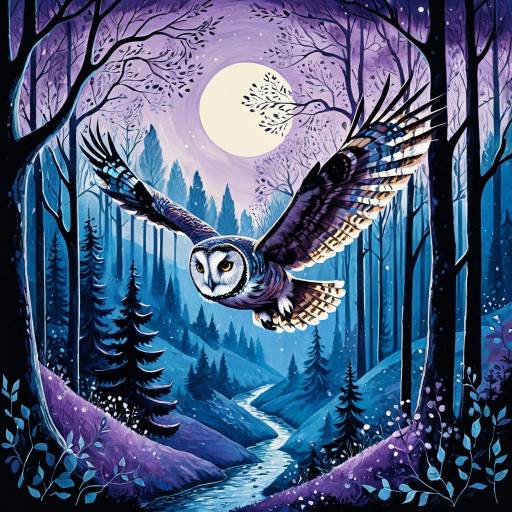 Owl Flying Over Mystical Twilight Forest